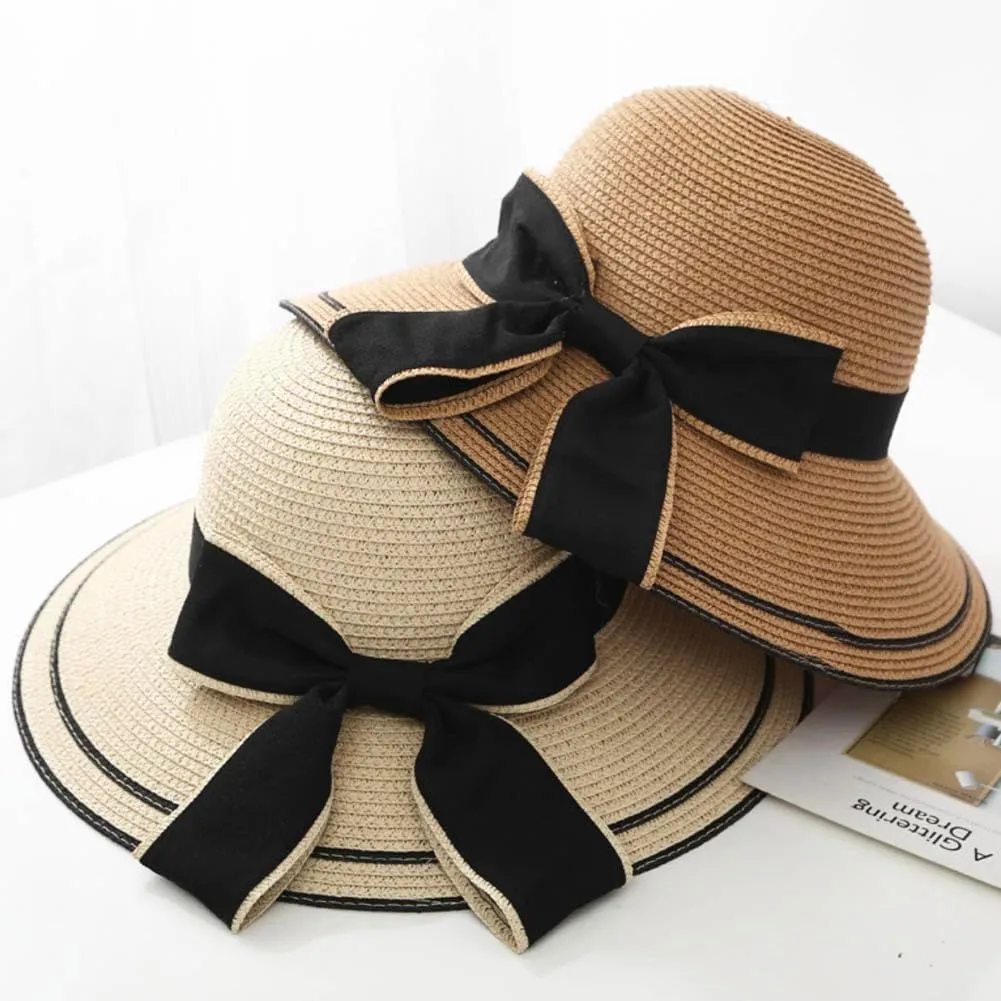 2PCS Family Matching Summer Sun Straw Hat Wide Brim Bowknot Parent-Child Beach Sun Hat Cap for Women's Girls