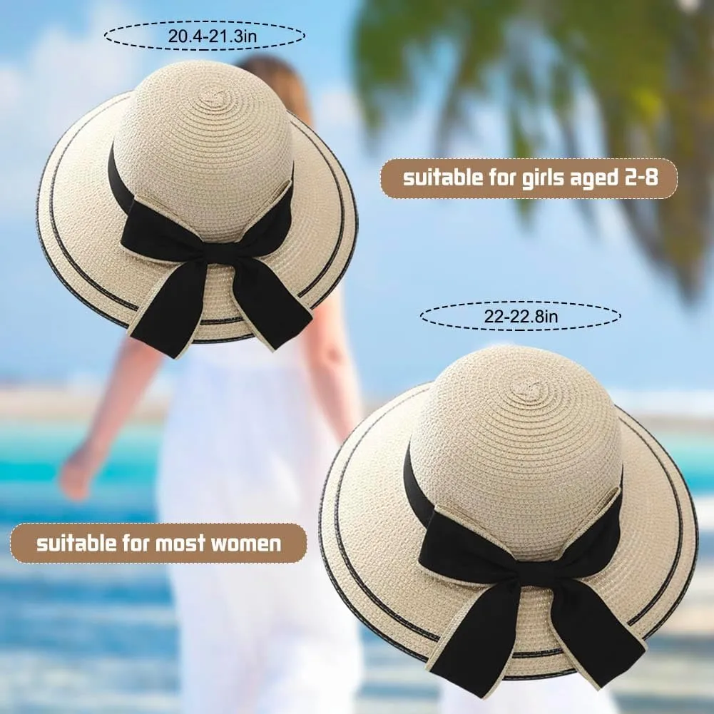2PCS Family Matching Summer Sun Straw Hat Wide Brim Bowknot Parent-Child Beach Sun Hat Cap for Women's Girls