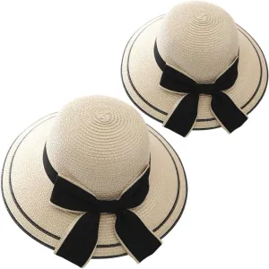2PCS Family Matching Summer Sun Straw Hat Wide Brim Bowknot Parent-Child Beach Sun Hat Cap for Women's Girls