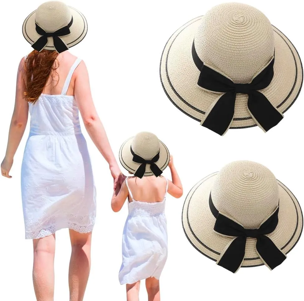 2PCS Family Matching Summer Sun Straw Hat Wide Brim Bowknot Parent-Child Beach Sun Hat Cap for Women's Girls