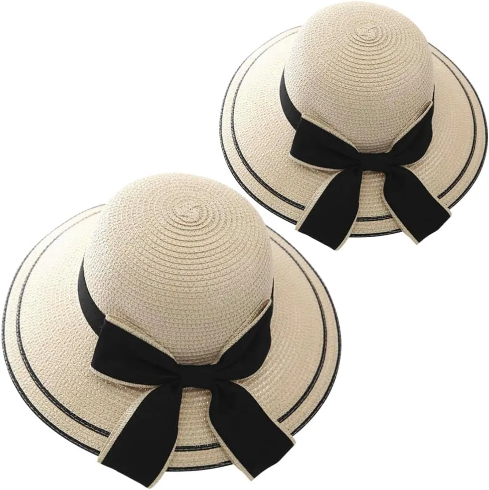 2PCS Family Matching Summer Sun Straw Hat Wide Brim Bowknot Parent-Child Beach Sun Hat Cap for Women's Girls