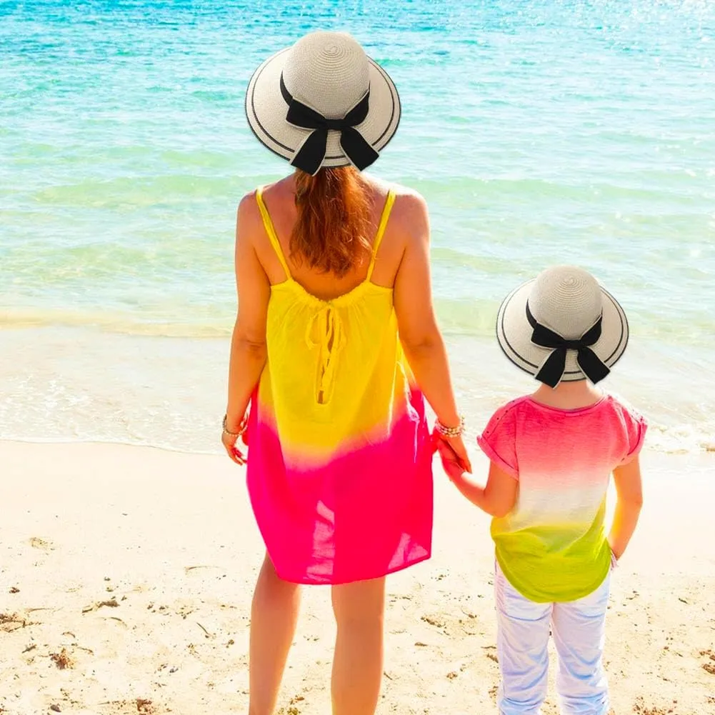 2PCS Family Matching Summer Sun Straw Hat Wide Brim Bowknot Parent-Child Beach Sun Hat Cap for Women's Girls