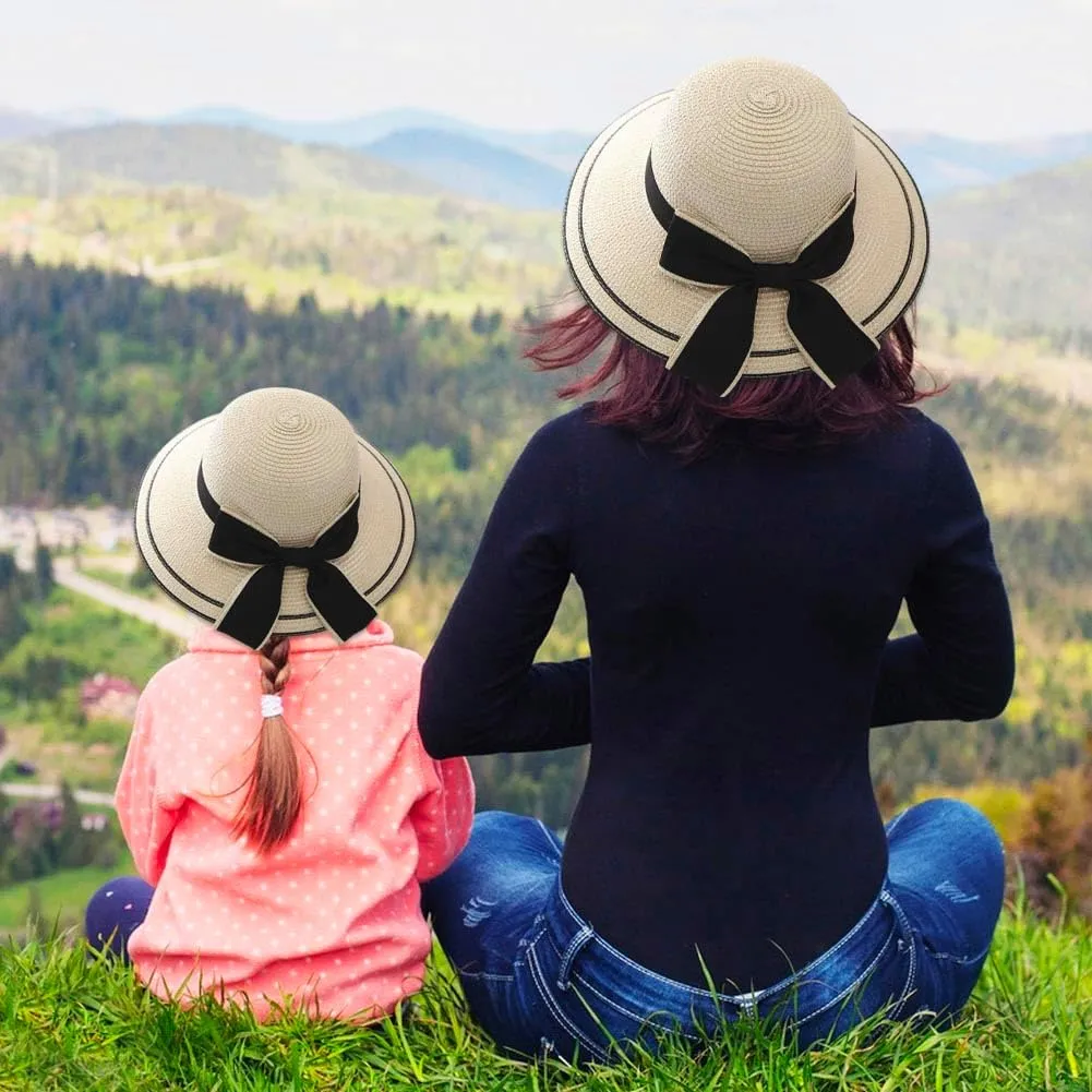 2PCS Family Matching Summer Sun Straw Hat Wide Brim Bowknot Parent-Child Beach Sun Hat Cap for Women's Girls
