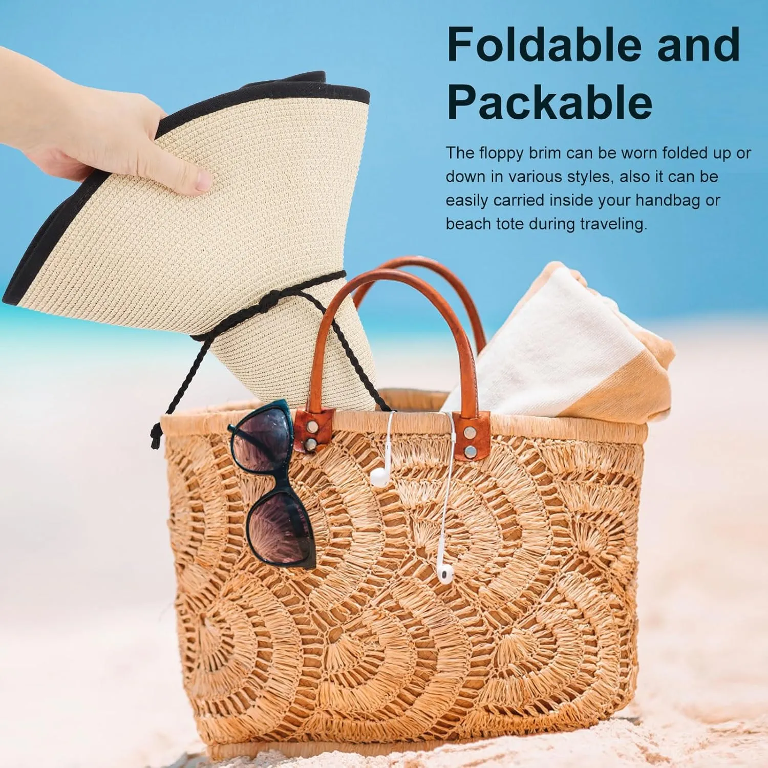 Beach Hats for Women Men Big Straw Wide Brim Summer Hat Floppy Foldable Roll up Cap for Beach Outdoor UPF 50 