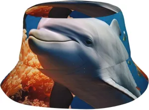 Bucket Hat for Men Women Packable Breathable Sun Hats Fisherman Hats Outdoor Summer Travel Hiking Beach Caps Dolphin On Coral