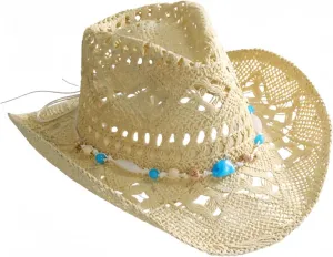 Straw Cowboy Cap for Women, Western Cowgirl Hat with 2 Replacement Hat Bands Shapable Brim Beach Woven Sun Hat Beige