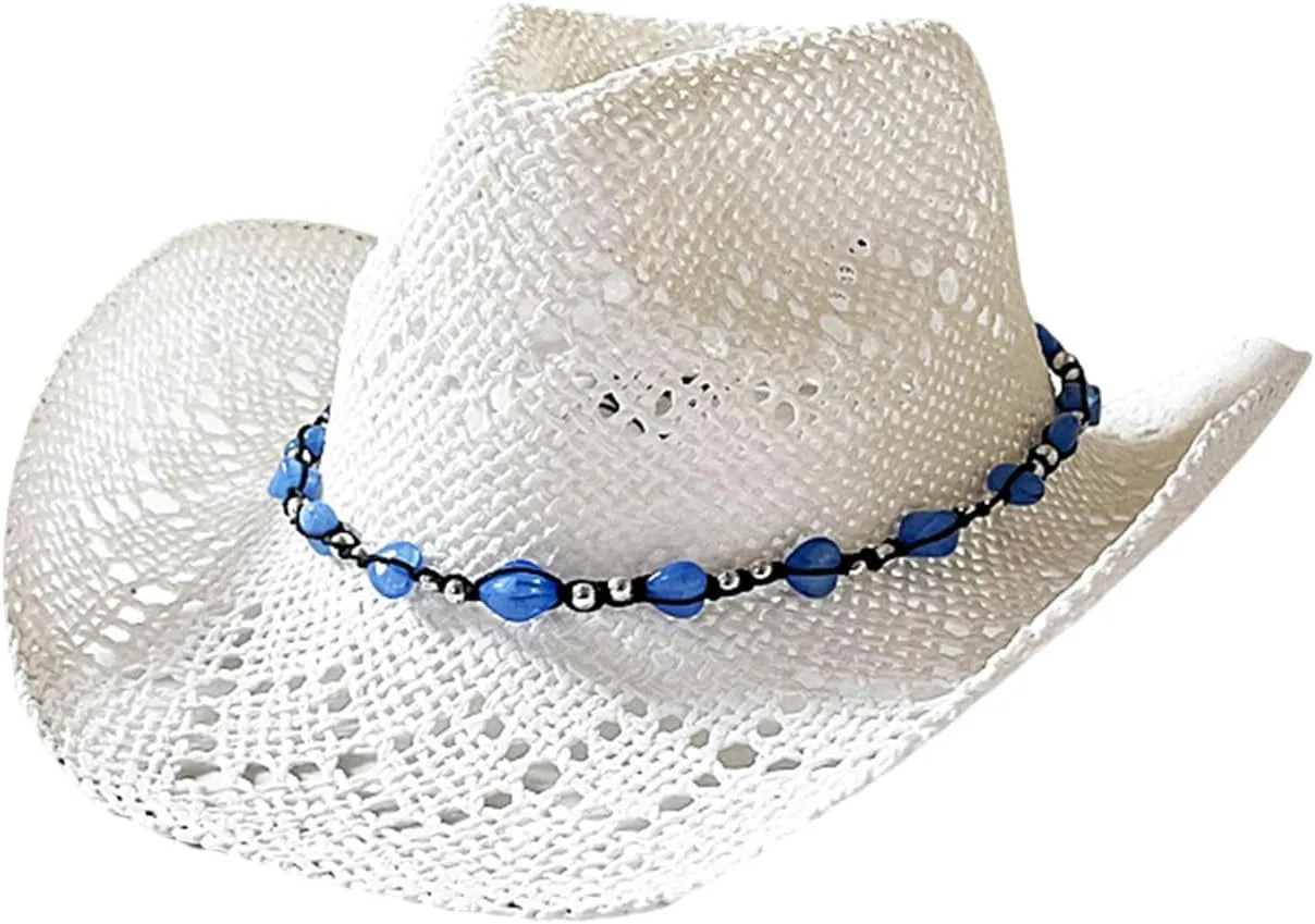 Straw Cowboy Hat for Women and Men Vintage Western Hollow Out Cowgirl Hat Summer Wide Brim Vacation Beach Sun Hat