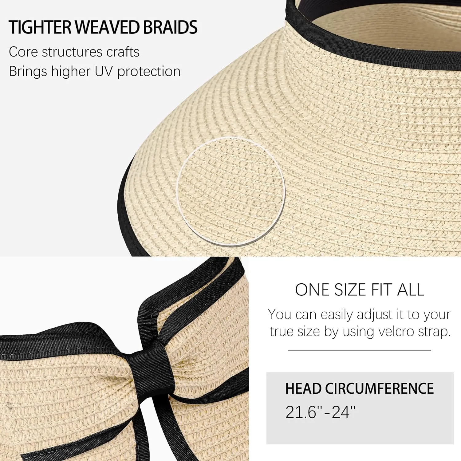 Women's Sun Visor Hats Wide Brim Straw Beach Hat Ponytail Hats for Women Foldable Floppy
