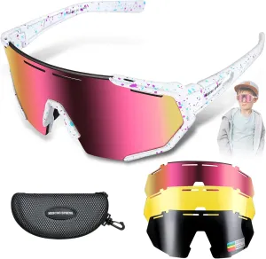 Youth Baseball Sunglasses for Boy 8-12 with 3 Interchangeable Lenses,TR90 Frame UV400 Protection Biking Glasses