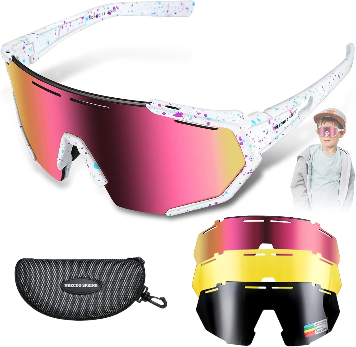 Youth Baseball Sunglasses for Boy 8-12 with 3 Interchangeable Lenses,TR90 Frame UV400 Protection Biking Glasses