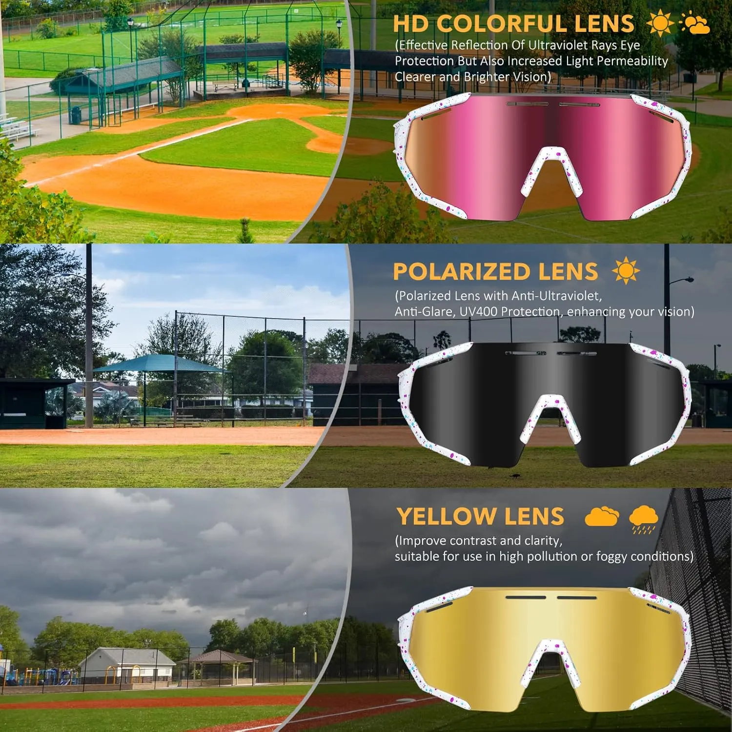Youth Baseball Sunglasses for Boy 8-12 with 3 Interchangeable Lenses,TR90 Frame UV400 Protection Biking Glasses